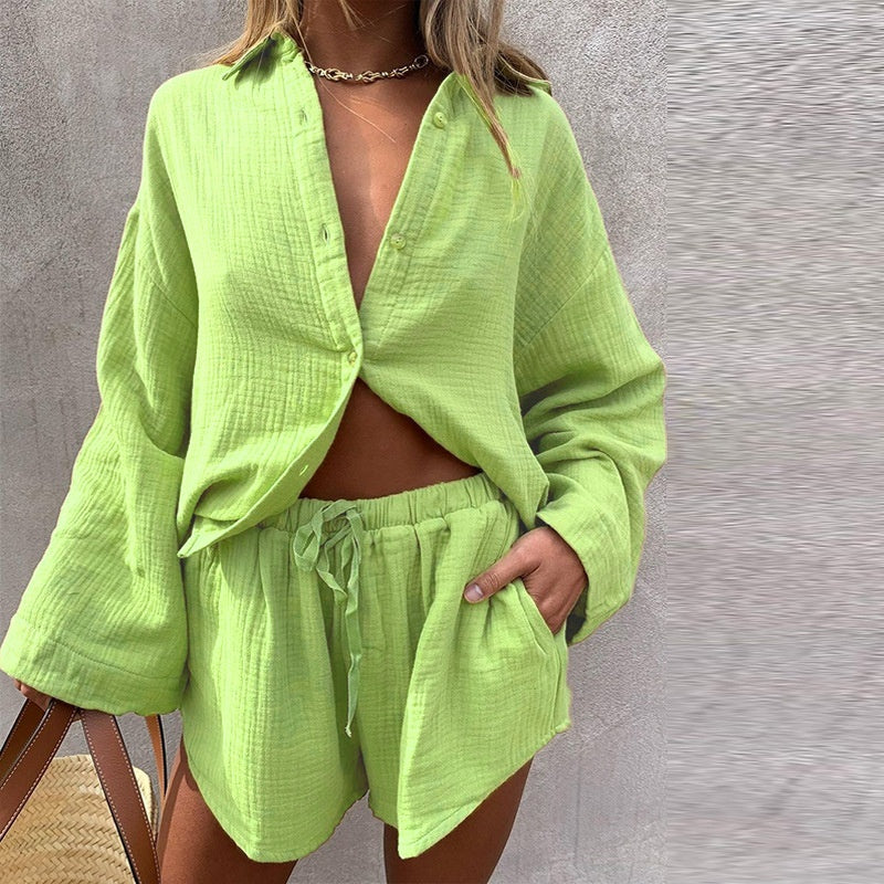 Long Sleeve Shirt Casual Shorts Two-piece Jacket