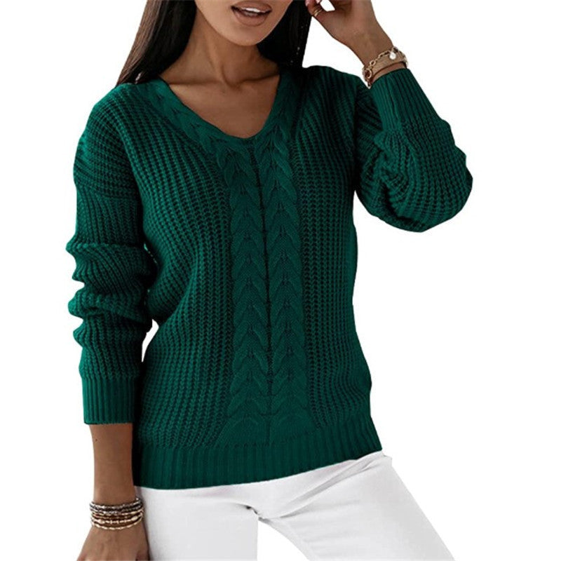 Long-sleeved V-neck Solid Color Twist Casual Knitted Pullover Top