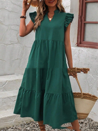 V-neck Ruffle Short Sleeve Solid Color Casual Dress