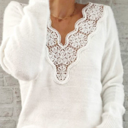 Lace V-neck Sweater White Warm Top