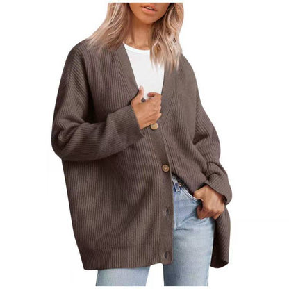 European And American Style Simple All-match Knitted Button V-neck Solid Color Sweater