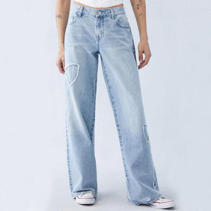 Pantalon droit pour femme, jean brodé avec papillon effiloché sur le côté, design de rue, pantalon baggy pour fille sexy