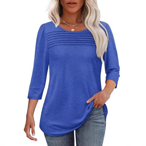 European And American Ladies Autumn And Winter Round Neck Three-quarter Sleeve Chest Tuck Line Peplum Top