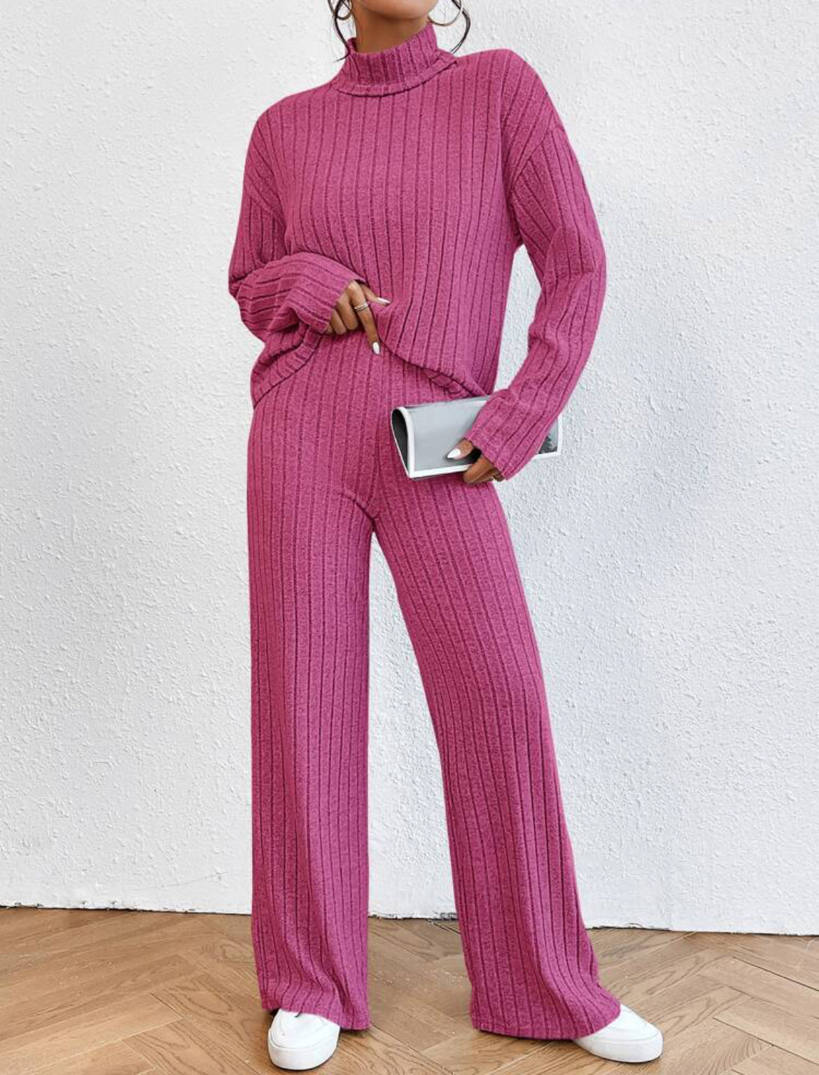 Turtleneck Long Sleeve Sunken Stripe Loose Wide Leg Pants Two-piece Set