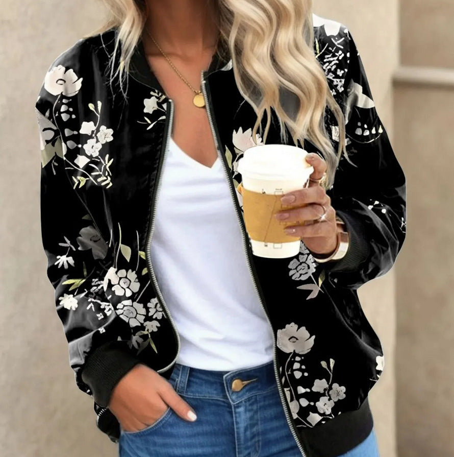 Autumn And Winter New Women's Long Sleeve Zipper Printed Jacket Coat