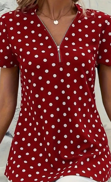 Bluse mit V-Ausschnitt und Polka Dots-Print, elegante Kurzarmbluse mit Reißverschluss vorne für Frühling und Sommer, Damenbekleidung