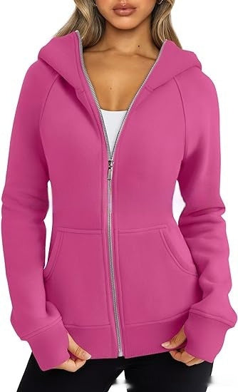 Women's Zipper Short Hood Fleece Lined Solid Color Hoodie Sweater