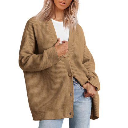 European And American Style Simple All-match Knitted Button V-neck Solid Color Sweater