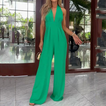 Tight Waist Wide Leg Pants Collar Halter Jumpsuit