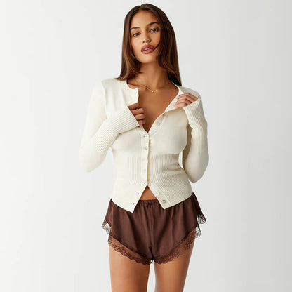 Chemise tricotée à manches longues et col rond pour femme