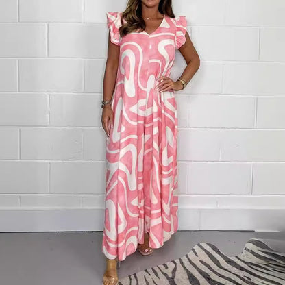 Tied Lotus Leaf Wide Leg Printed Casual Jumpsuit