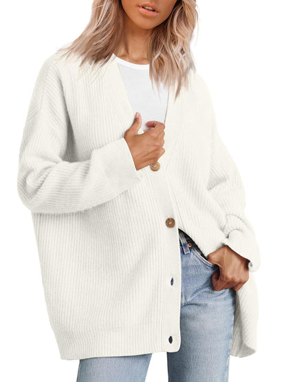 European And American Style Simple All-match Knitted Button V-neck Solid Color Sweater