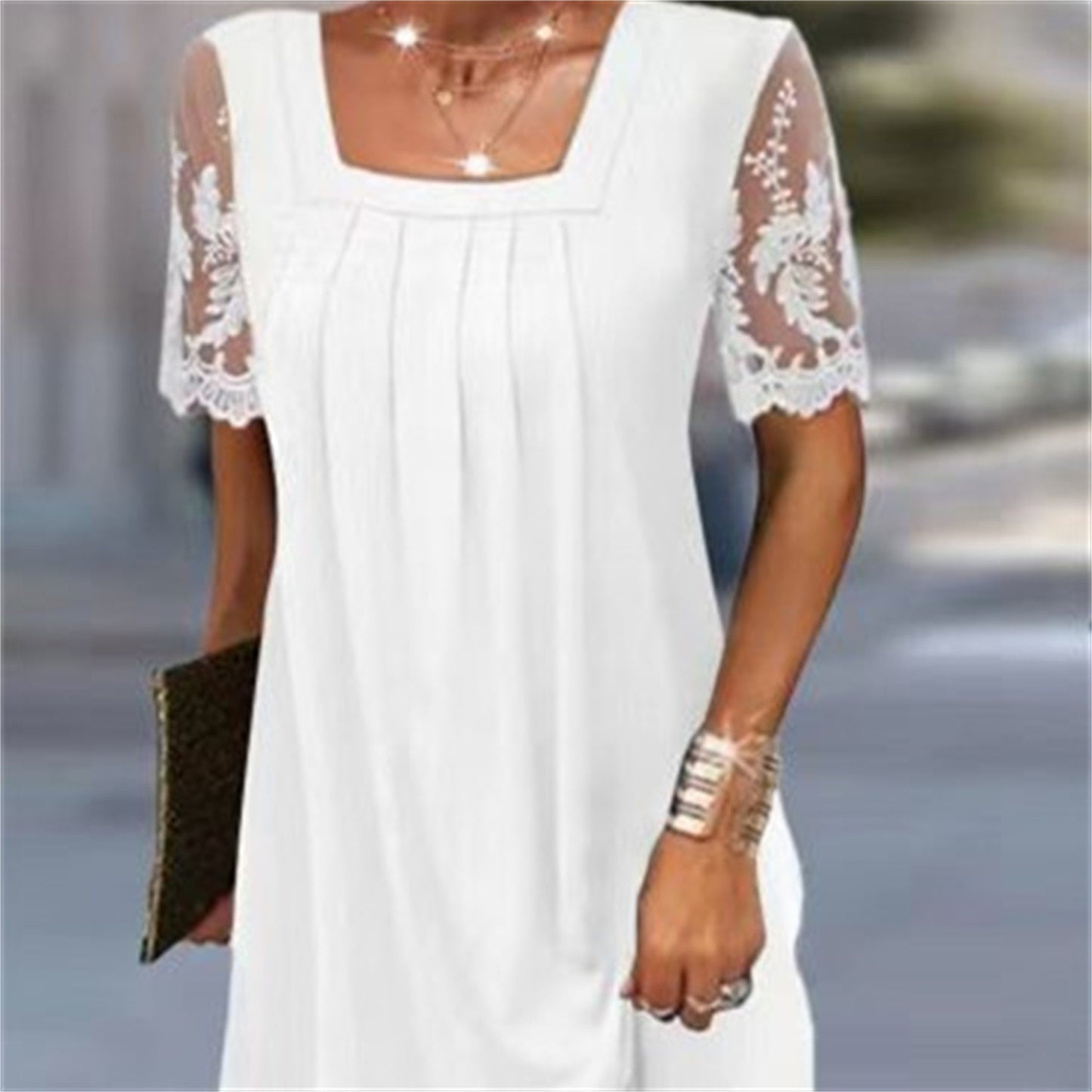 Women's Fashion Square Collar Lace Short Sleeve White Dress