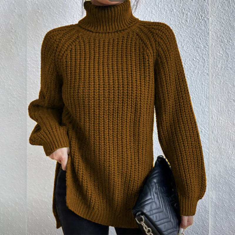 Pull à col roulé avec design fendu, mode simple, couleur unie, manches longues, vêtements pour femmes