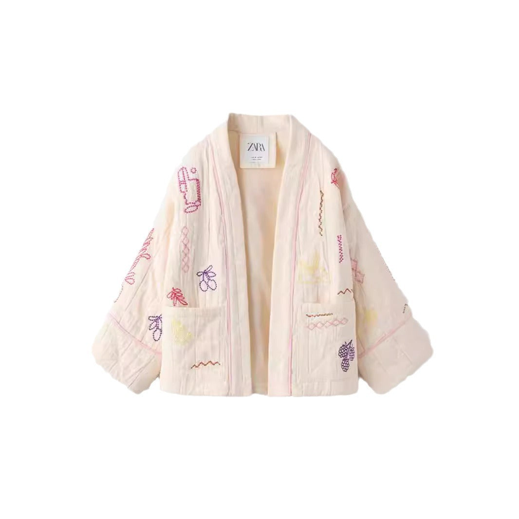 Veste kimono décontractée à col en V avec broderie de fruits