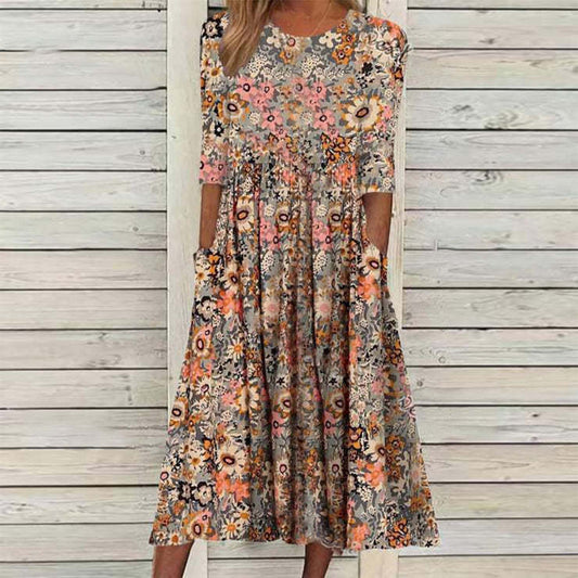 Women's Printed Dress Loose Pocket Long Dress