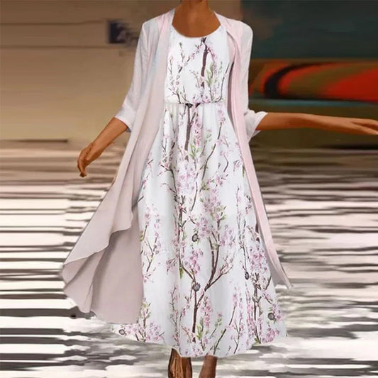 Robe longue en mousseline de soie blanche élégante à imprimé floral pour l'automne et l'hiver