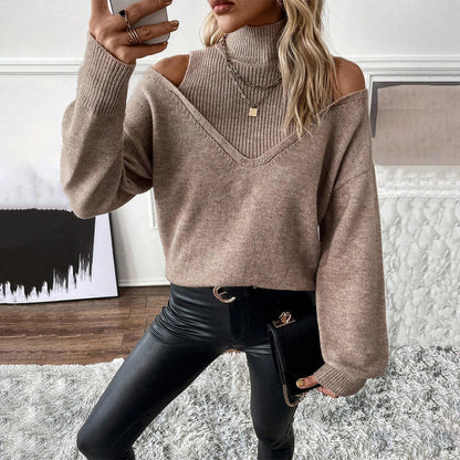 Off-the-shoulder Half Turtleneck Solid Color Thread Temperament Leisure Sweater