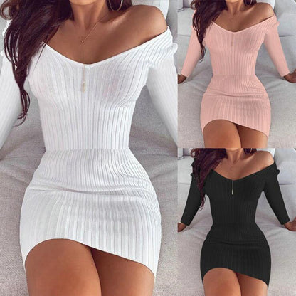 Robe femme tempérament col en V couleur unie slim manches longues