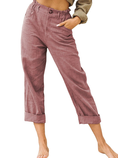 Pantalon patchwork en coton et lin pour femme, pantalon à taille élastique avec cordon de serrage au dos, pantalon décontracté ample