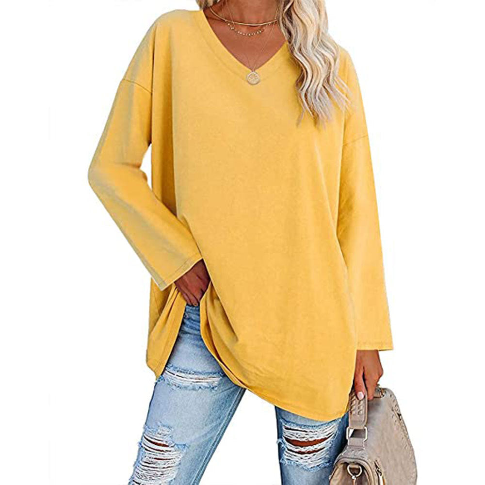 Solid Color Loose Drop Shoulder Sleeve V Neck Long Sleeve Blouse