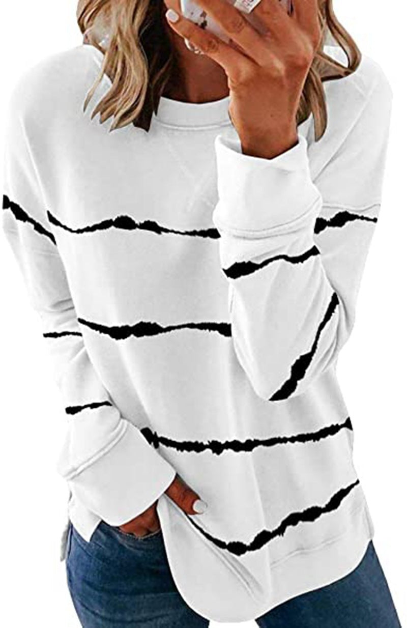 Printed striped round neck loose sweatshirt