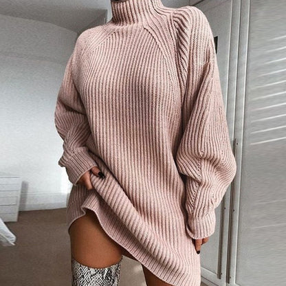 Pull long à col roulé solide pour femme, robe pull chaude d'hiver