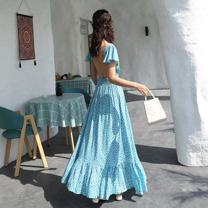 Beach skirt super fairy blue backless sexy holiday long dress