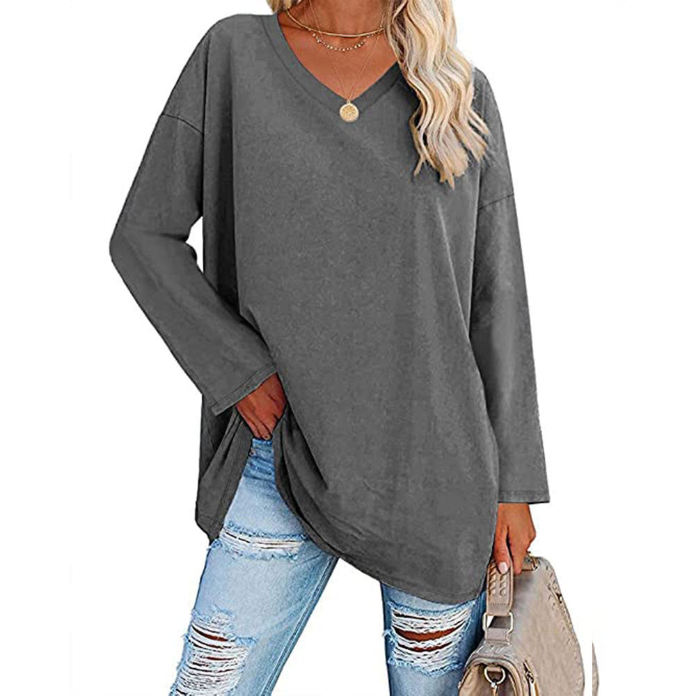 Solid Color Loose Drop Shoulder Sleeve V Neck Long Sleeve Blouse