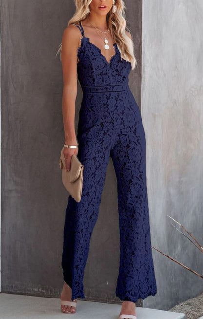 Solid Color Lace Stitching Sleeveless Casual Suspender Jumpsuit