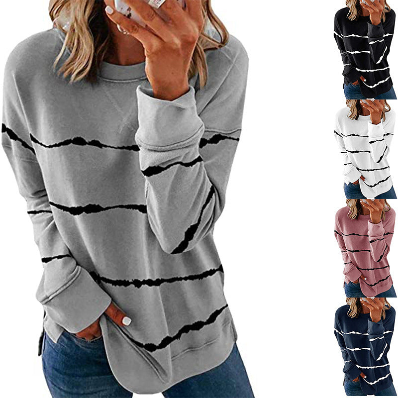 Printed striped round neck loose sweatshirt