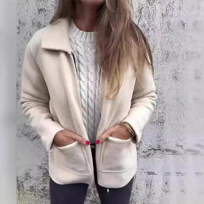 Veste à revers avec fermeture éclair et poches, manteau tendance de couleur unie pour l'automne et l'hiver, vêtements pour femmes