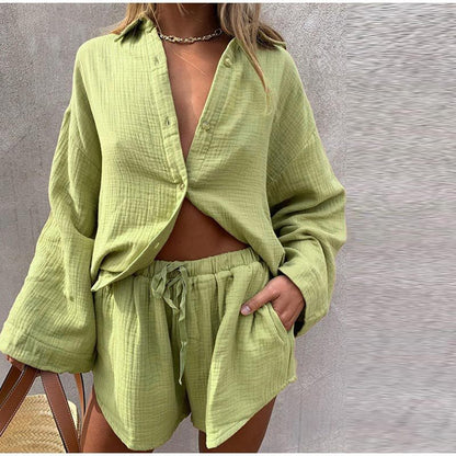 Long Sleeve Shirt Casual Shorts Two-piece Jacket