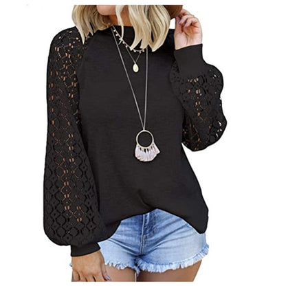 Round Neck Long Sleeve Lace Stitching Top Women