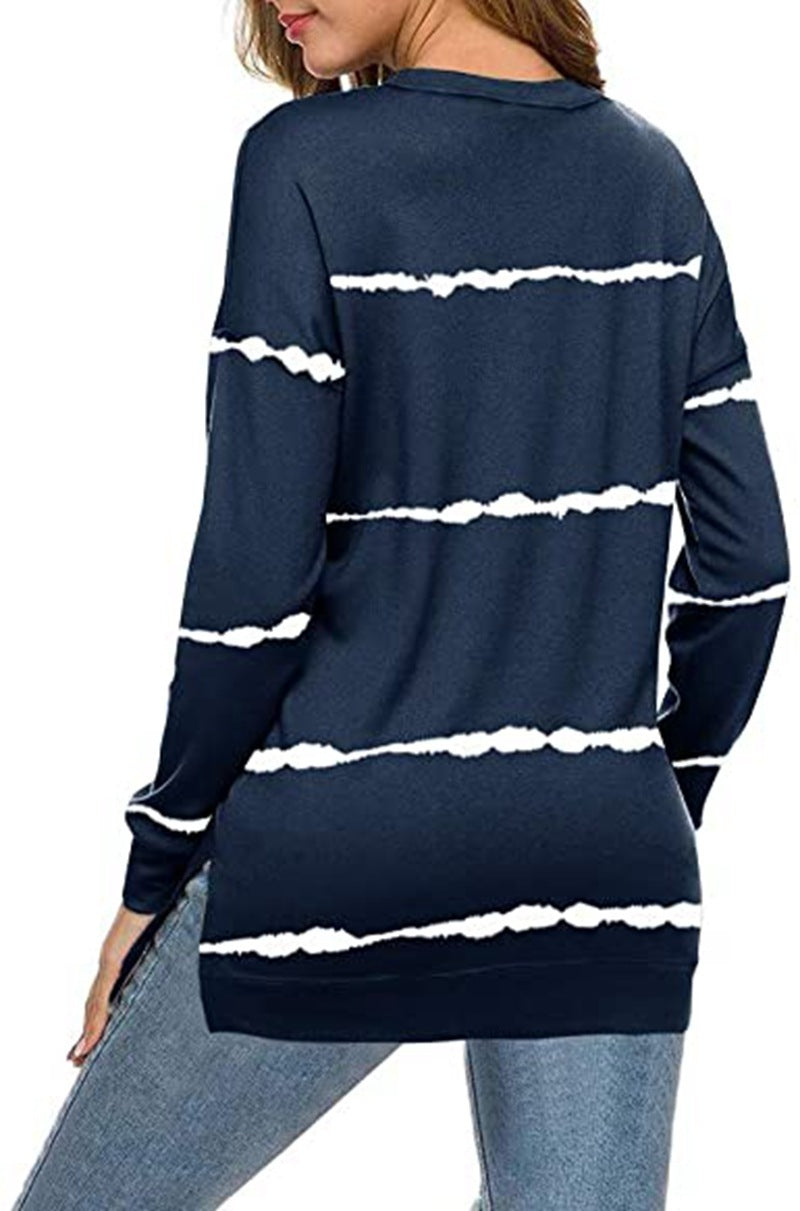 Printed striped round neck loose sweatshirt