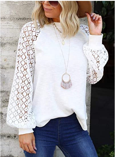 Round Neck Long Sleeve Lace Stitching Top Women