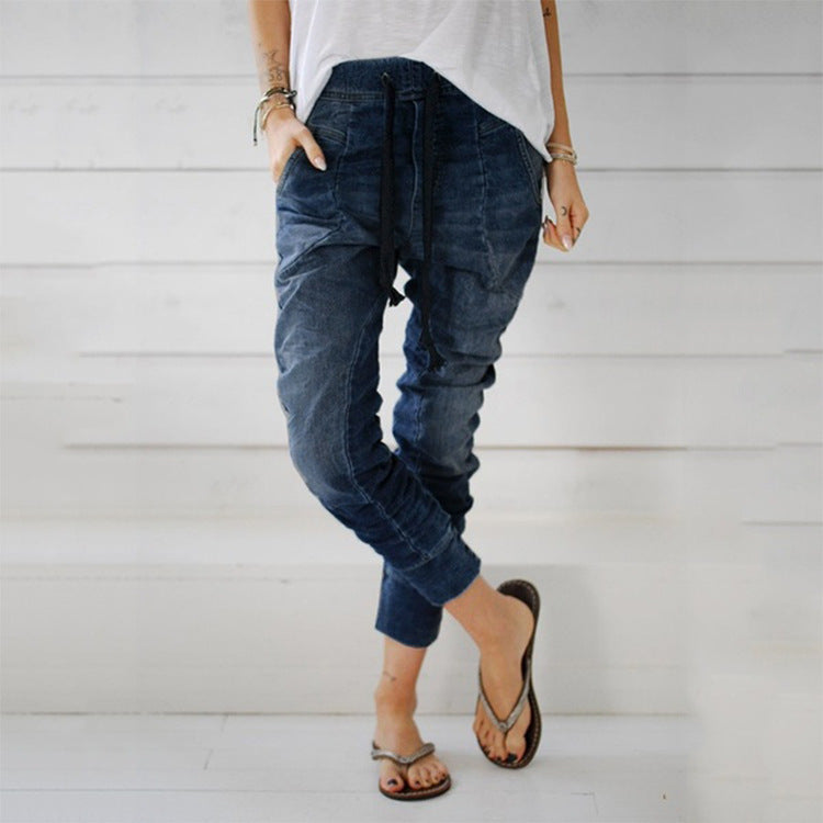 Lace-up denim trousers harem pants