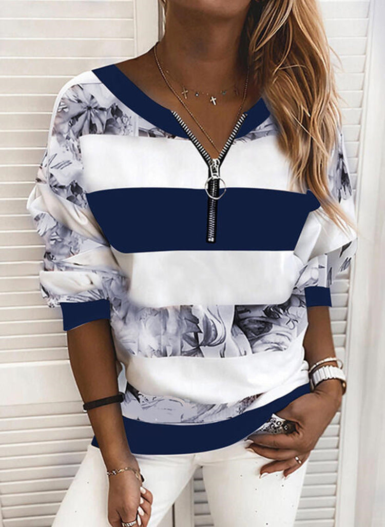 Striped Print Loose Sweatshirt Women