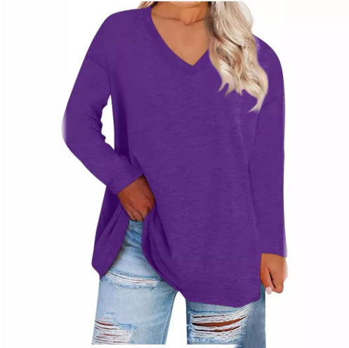 Solid Color Loose Drop Shoulder Sleeve V Neck Long Sleeve Blouse