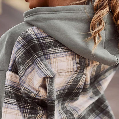 Plaid Stitching Long-sleeved Round Neck Hooded Sweatshirt