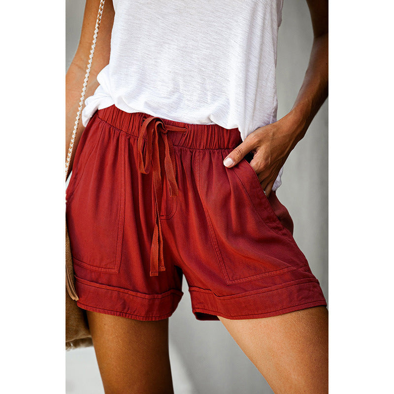 Wide leg loose high waist elastic lace-up shorts