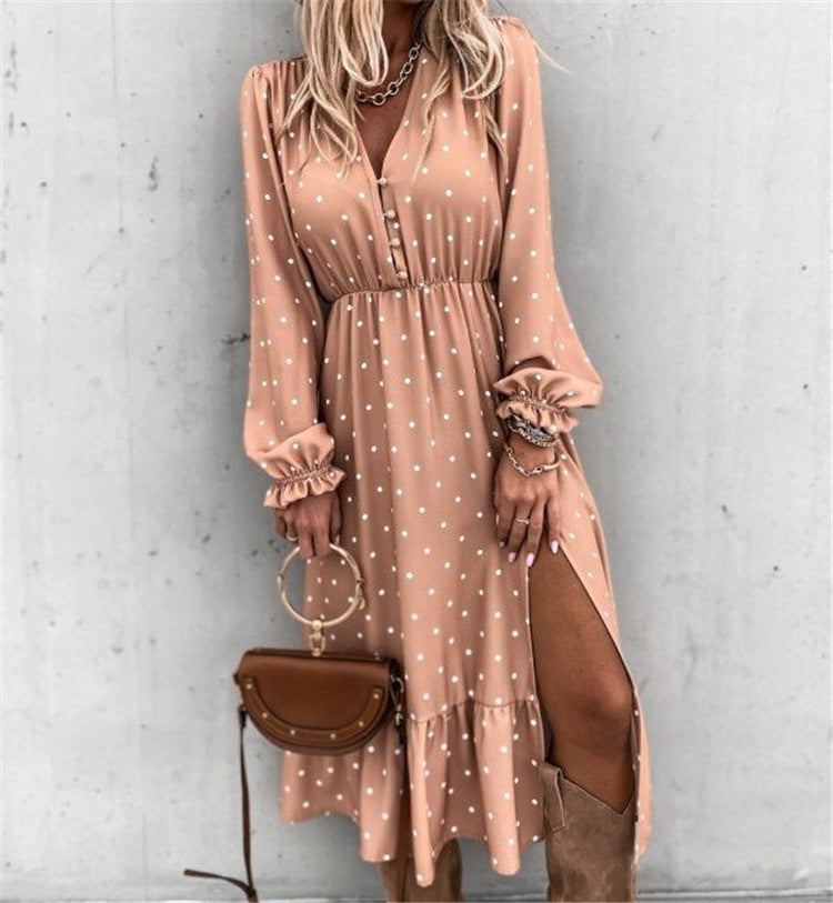 V-Neck Ear Button Polka Dot  Fold Print Long-Sleeved Dress