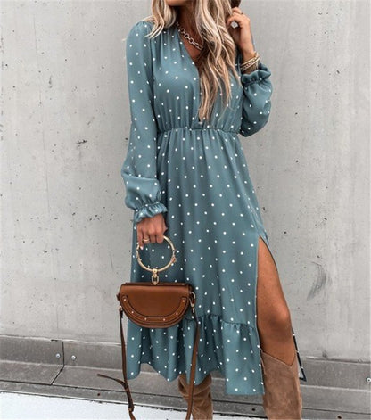 V-Neck Ear Button Polka Dot  Fold Print Long-Sleeved Dress