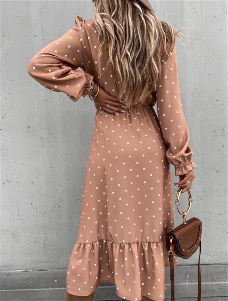 V-Neck Ear Button Polka Dot  Fold Print Long-Sleeved Dress