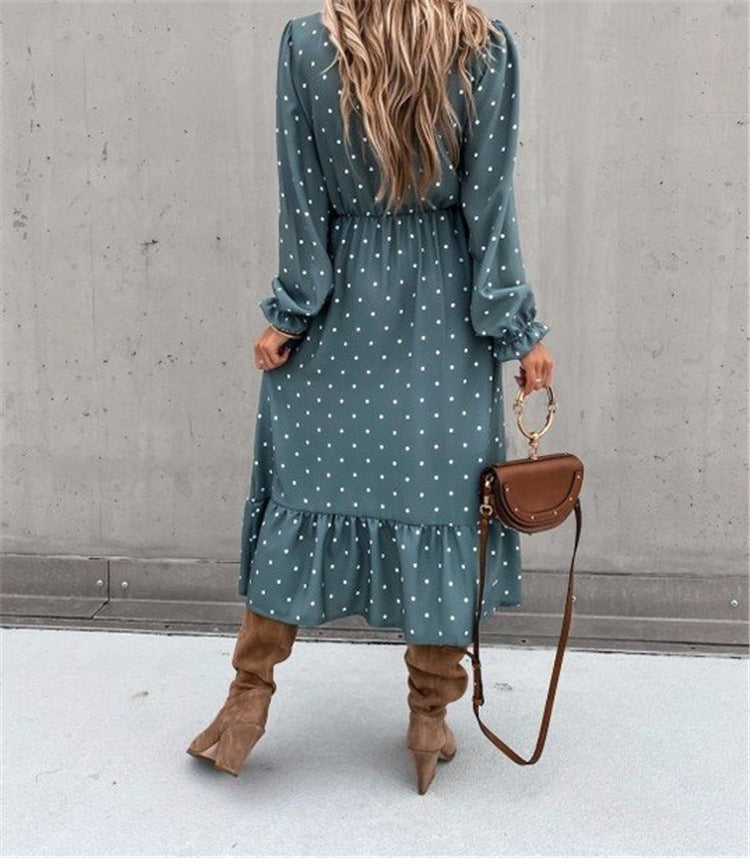 V-Neck Ear Button Polka Dot  Fold Print Long-Sleeved Dress