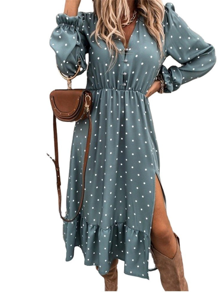 V-Neck Ear Button Polka Dot  Fold Print Long-Sleeved Dress