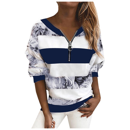 European And American Loose Striped Printed V-Neck Long-Sleeved T-Shirt Sweatshirt