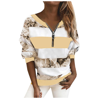 European And American Loose Striped Printed V-Neck Long-Sleeved T-Shirt Sweatshirt