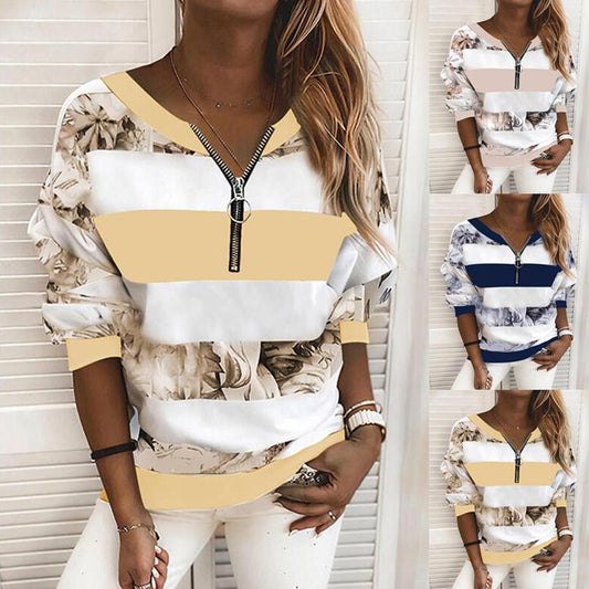 European And American Loose Striped Printed V-Neck Long-Sleeved T-Shirt Sweatshirt