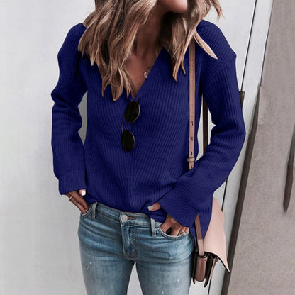 Solid Color Knit Top With V-Neck Pullover For Ladies